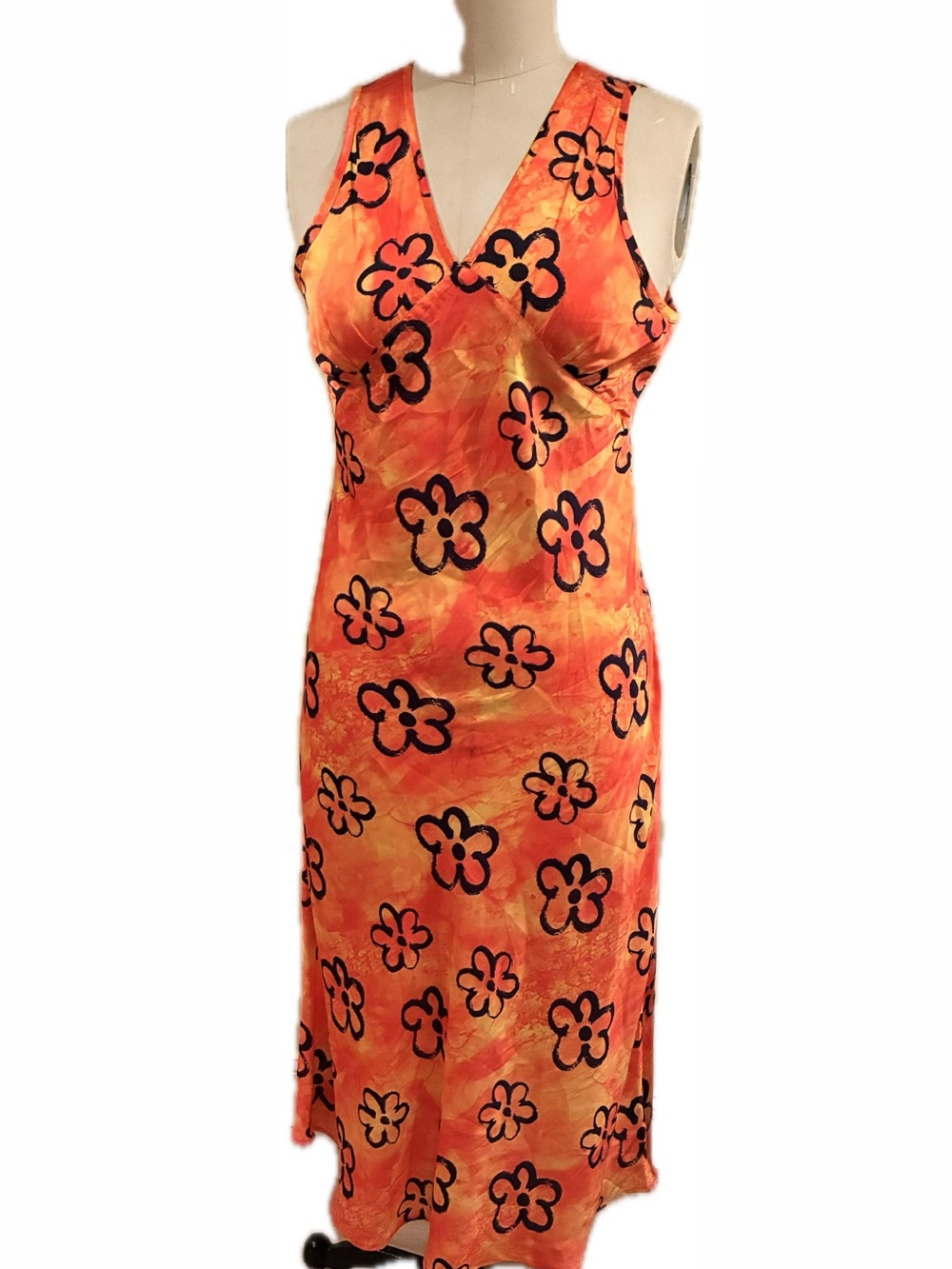 Sleeveless Orange Floral Midi Dress
